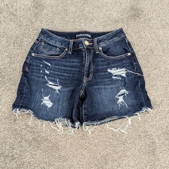 MAURICES Dark Blue Distressed Denim Mid-Rise Cut-Off Shorts; Size 26 - Picture 1 of 3
